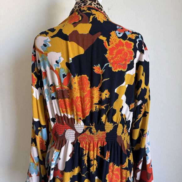 Free People Size S Wild Nights Duster Open Front Floral Print Leopard Trim Boho - Picture 6 of 13